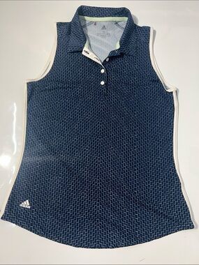 adidas Navy Sleeveless Polo with White Trim and Subtle Pattern